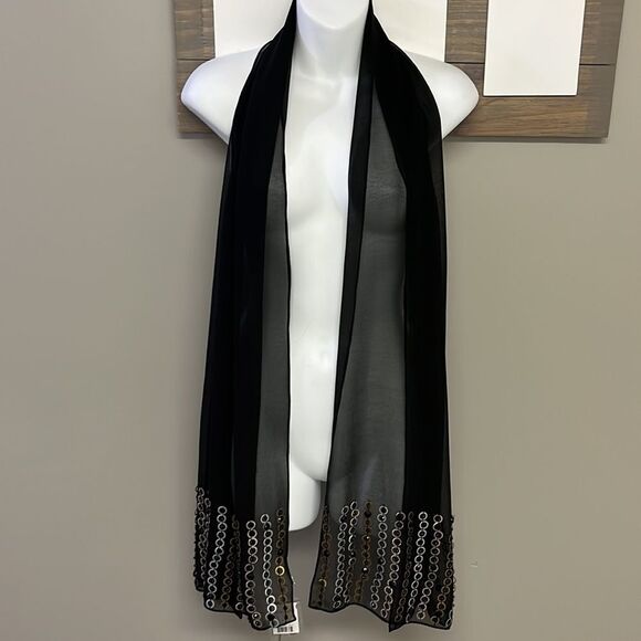 Steve Madden Sheer Black Scarf with Mixed Metal and Black Beads/Gem Accents-OS - Picture 4 of 11